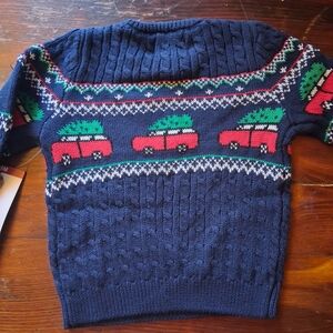 Lands' End Navy Sweater with Red and Green Accents
